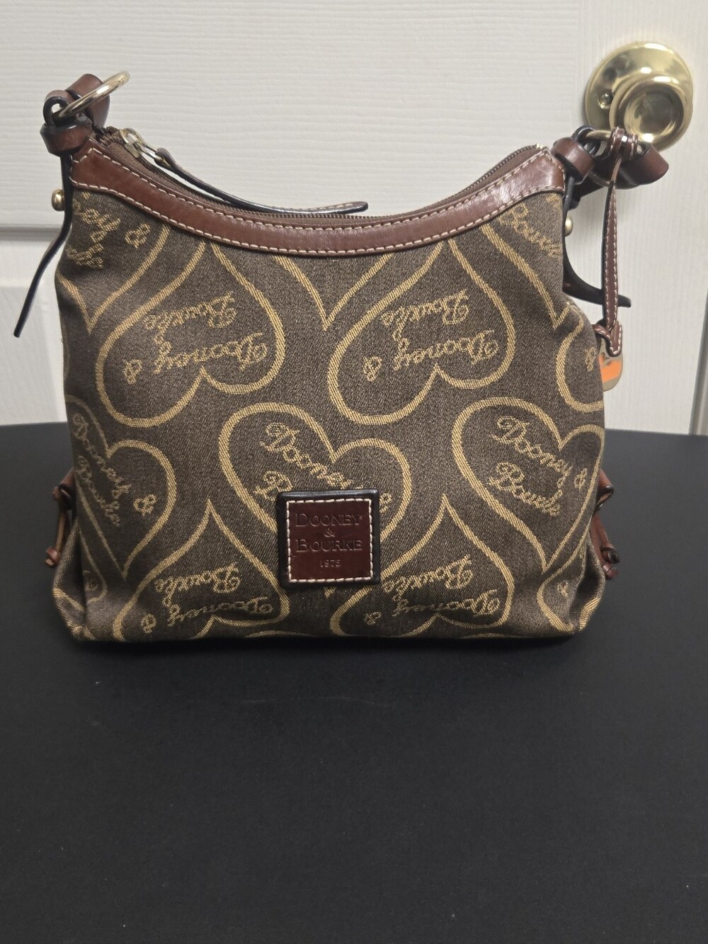 Dooney & Bourke Brown Heart-Pattern Shoulder Bag with Leather Trim